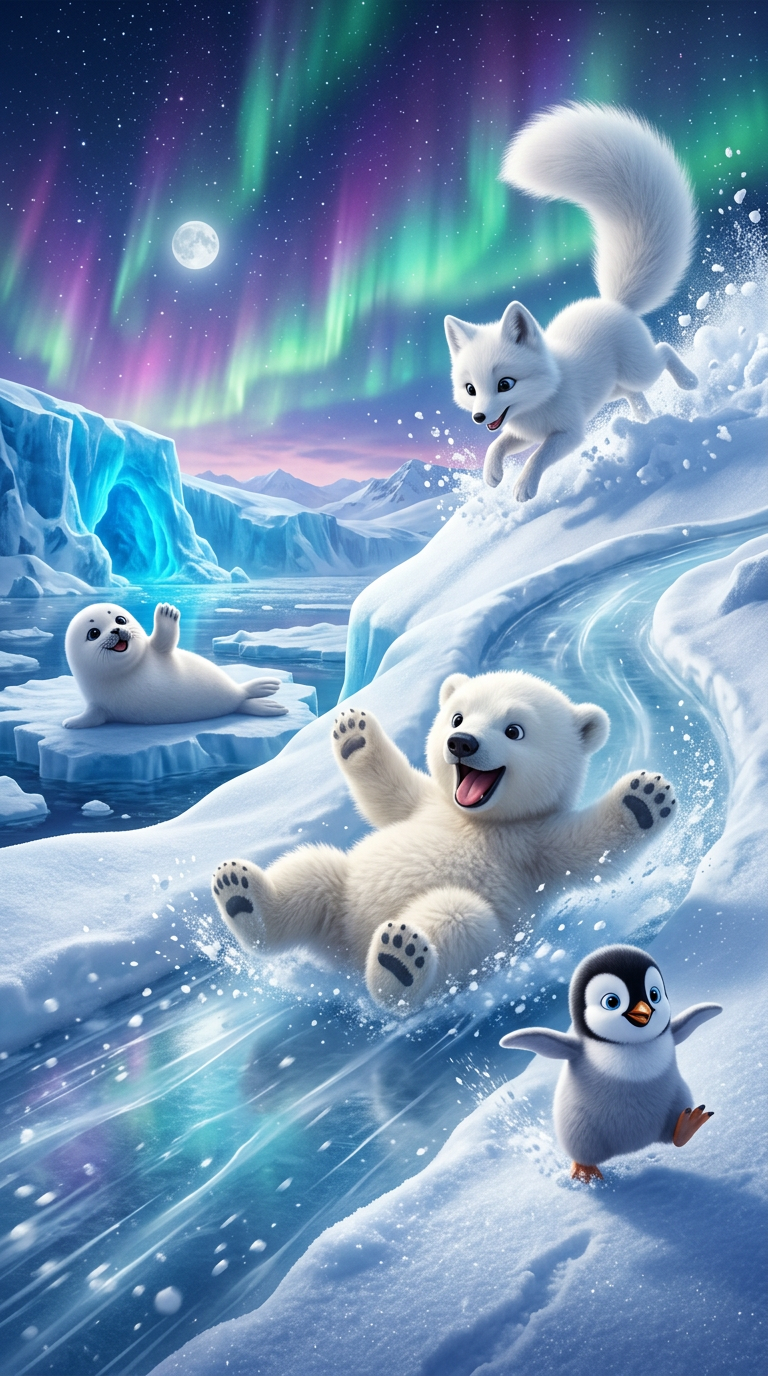 Arctic scene with polar bear and penguin